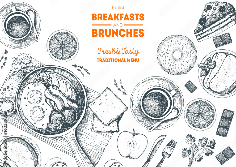 Brunch and breakfast top view frame. Food menu design. Vintage hand drawn sketch vector illustration - obrazy, fototapety, plakaty 