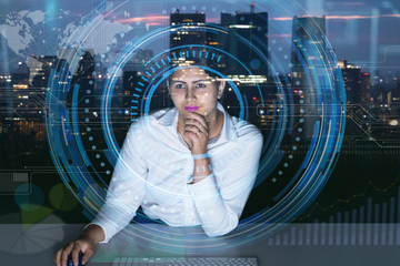 Poster - young businesswoman looking at futuristic graphical user interface. Internet of Things. Smart City.