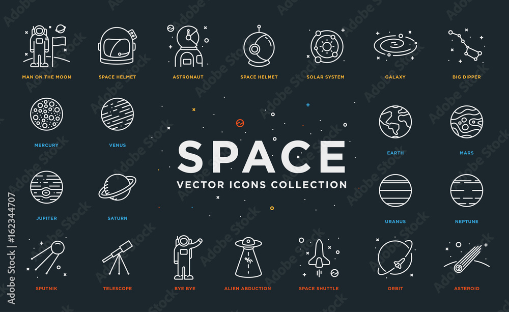 Set of Thin Line Stroke Vector Astronomy and Space Icons. Spaceman, astronaut, helmet, solar system, galaxy, planet, earth, mars, satellite, alien abduction, shuttle, rocket, orbit, asteroid - obrazy, fototapety, plakaty 