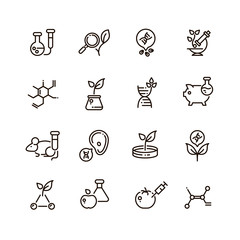 Poster - Gmo food and medical science vector line editable icons. Dna modification and agriculture technology outline symbols