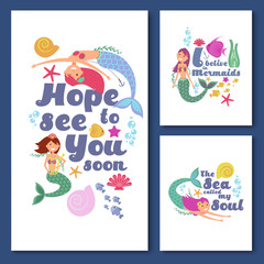 Wall Mural - Cute kids nautical vector cards. Marine childrens invitations with funny mermaid girls
