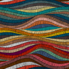 Seamless embroidered pattern. Wavy bohemian print. Patchwork ornament.