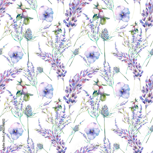 Watercolor Lavender And Garden Flowers Seamless Pattern Hand