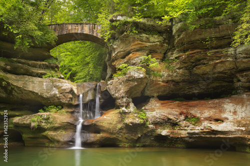 Waterfall and bridge in Hocking Hills State Park, Ohio, USA