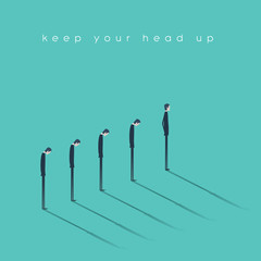 Think positive and keep your head up vector concept. Optimistic businessman standing in front of the line of pessimistic businessman.