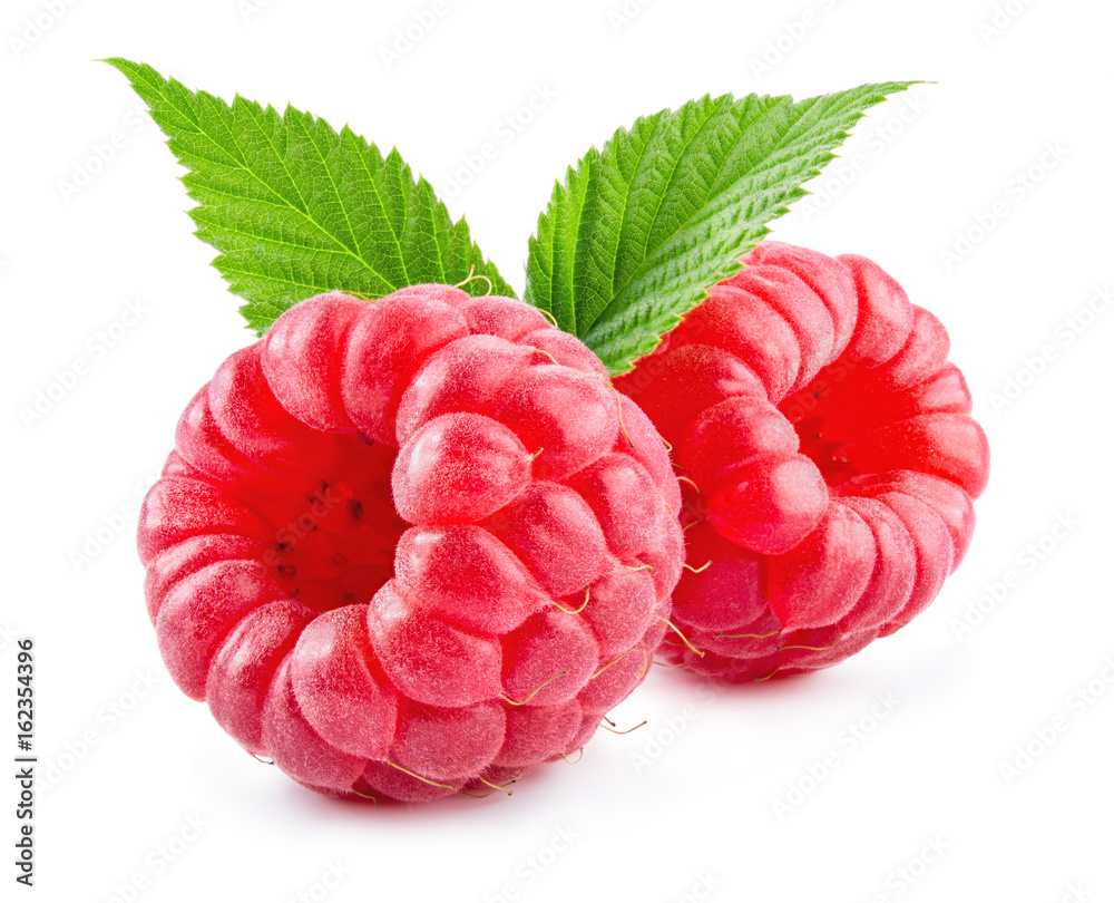 Raspberry with leaves isolated on white background. - obrazy, fototapety, plakaty 