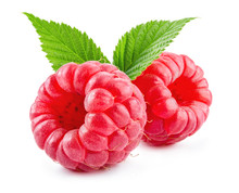 Raspberry With Leaves Isolated On White Background.