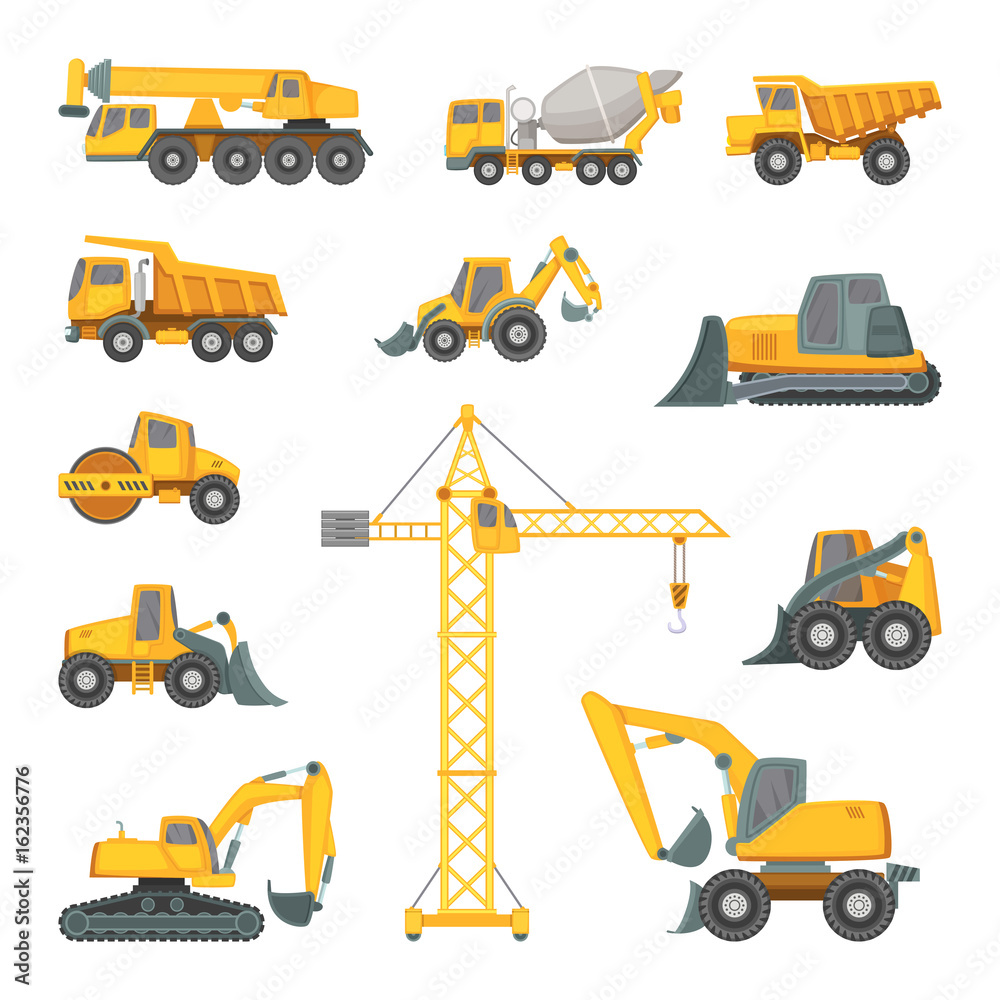 Heavy construction machines. Excavator, bulldozer and other technique.  Vector illustrations in cartoon style Stock Vector | Adobe Stock, image size:1000x1000
