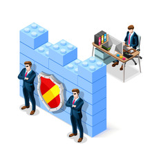 Network Security Concept With Firewall Blocks Cyber Attack Flat Isometric Vector Illustration.