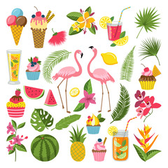 Wall Mural - summer time labels set for tropical party. different icons in flat style. drinks, watermelon, lemona