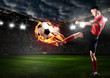 © Sergey Peterman - soccer or football player is kicking ball on stadium