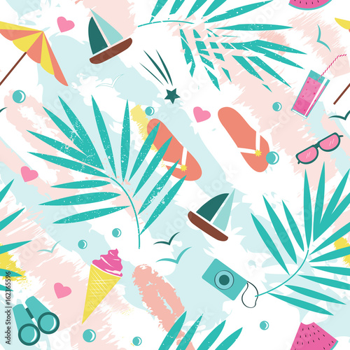 Stoffe zum Nähen Sommer vector nahtloses Muster mit bunten Strand Elemente isoliert auf weißem Hintergrund. Sommer Hintergrund drucken.