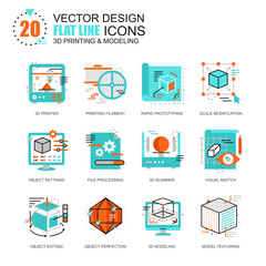 Poster - Flat line 3D printing and modeling icons