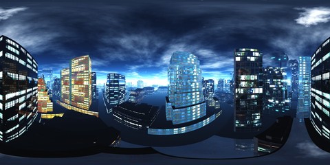 Wall Mural - Night city, Cityscape, Environment map. HDRI map. Equirectangular projection. Spherical panorama., 3D rendering
