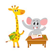 Cute animal students - elephant sitting at school desk, giraffe with backpack, cartoon vector illustration isolated on white background. Giraffe and elephant student characters, back to school concept