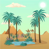 Fototapeta Dinusie - Egypt desert Landscape vector concept with palms and camels