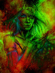 Poster - Goddess Woman in Cosmic space. Cosmic Space background. eye contact. Glass effect.