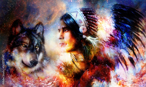 Obraz wilk  mlody-indianski-wojownik-z-wilkiem-kosmiczne-tlo