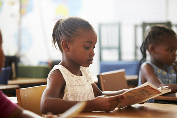 Girl holding book and reading in an elementary school lesson