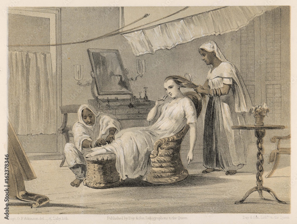 British raj in India  woman attended by servants. Date: 1860 - obrazy, fototapety, plakaty 