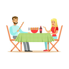 Sticker - Happy couple enjoying barbeque, cheerful man and woman characters at a picnic vector Illustration