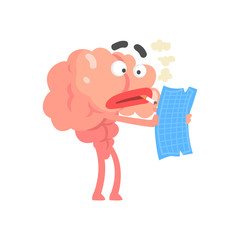 Sticker - Smoking humanized cartoon brain character examine document, intellect human organ vector Illustration