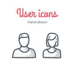 User icons set. Male and Female. Hand drawn illustration. Line style.