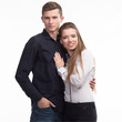 © olharozova - Young happy couple portrait of a confident businessman on a gray background. Ideal for banners, registration forms, presentation, landings, presenting concept.