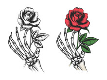Rose Flower In Human Skeleton Hand. Vector Bright And Silhouette On White Background