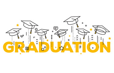 vector illustration of word graduation with graduate caps on a white background. caps thrown up. con