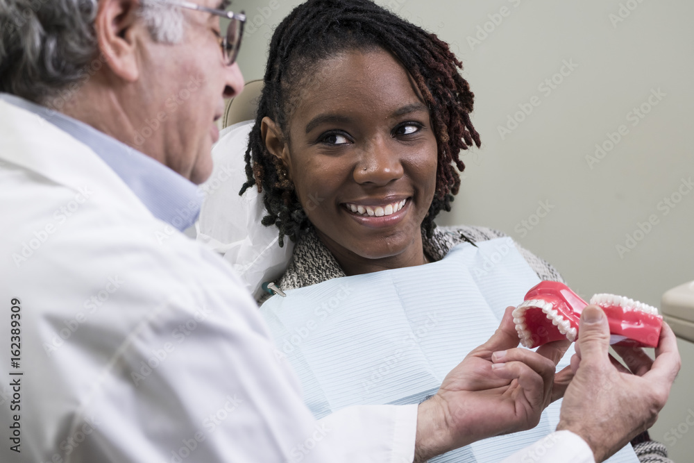 Dentist showing patient a model of her teeth during exam Stock Photo ...