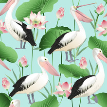 Tropical Exotic Print With Pelicans - Vector Image. Watercolor.