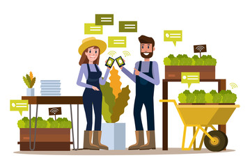 Modern farmer using smartphone  in greenhouse. Smart agriculture farming and internet of thing concept. flat design elements. vector illustration