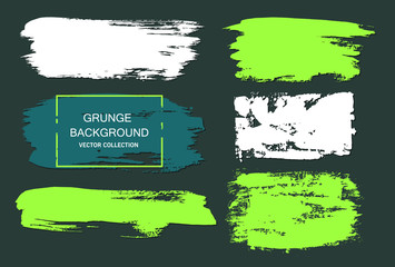 Set of black and green paint, ink brush strokes, brushes, lines. Dirty artistic design elements, boxes, frames for text.