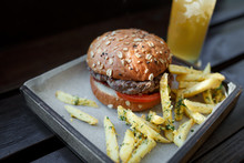 Fast Food Set: Hamburger, Beer And Fries. Close-up