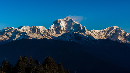 View of the icebergs mountain route to Annapurna base camp trekking in Nepal.