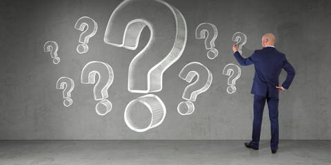 Poster - Businessman drawing question marks sketch on a wall 3D rendering