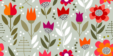 Wall Mural - Retro floral print with geometric elements.