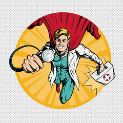 Doctor super hero  flies to treat people.  Profession white coat stethoscope pop art retro style.