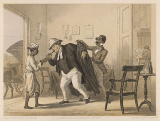 Padre in British India helped on with his jacket  1860. Date: 1860