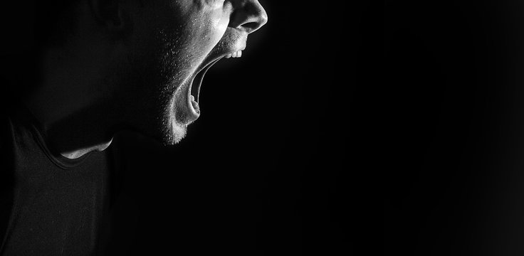 Fototapete - screaming angry aggressive militant guy, man, black and white portrait, evil face, teeth