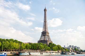 Eiffel Tower at sunset in Paris, France. Romantic travel background.