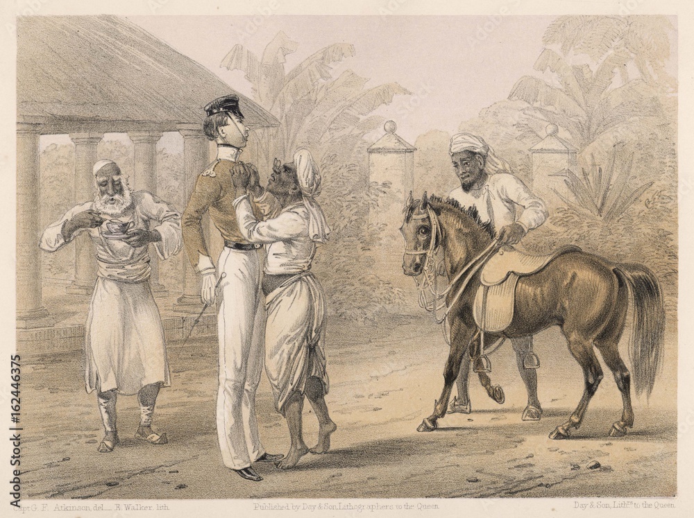 Preparing for riding in India  1860  British raj. Date: 1860 - obrazy, fototapety, plakaty 