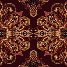 Seamless Abstract Geometric Paisley Pattern. Traditional Oriental Ethnic Ornament, Burgundy Red And Gold Tones. Textile Design.
