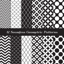 Black And White Geometric Seamless Vector Patterns. Pack Of Mod Style Backgrounds In Jumbo Polka Dot, Diamond, Fish Scales, Quatrefoil And Chevron Patterns. Pattern Tile Swatches Included.
