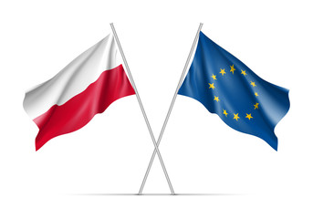 Poland and European Union waving flags on flagpole. EU sign with twelve gold stars on blue and Poland national symbol white and red colors. Two flags isolated on white background