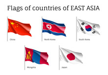 Set Of Waving Flags Of East Asian Countries: China, South And North Korea, Japan And Mongolia. Collection With 5 Signs Of Asian States. Vector Isolated Icons