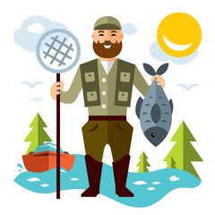 Vector Fishing concept. Fisherman with big fish. Flat style colorful Cartoon illustration.