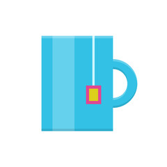 Tea mug flat icon. Blue mug with tea bag pocket, lunch time in the office, coffee break. Vector flat style cartoon illustration isolated on white background. Business concept