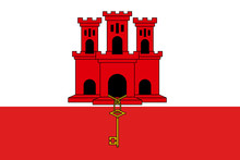 The Flag Of Gibraltar, White With A Red Stripe At The Bottom, A Three-towered Red Castle, In The Middle Tower Hangs A Gold Key. Vector Flat Style Illustration